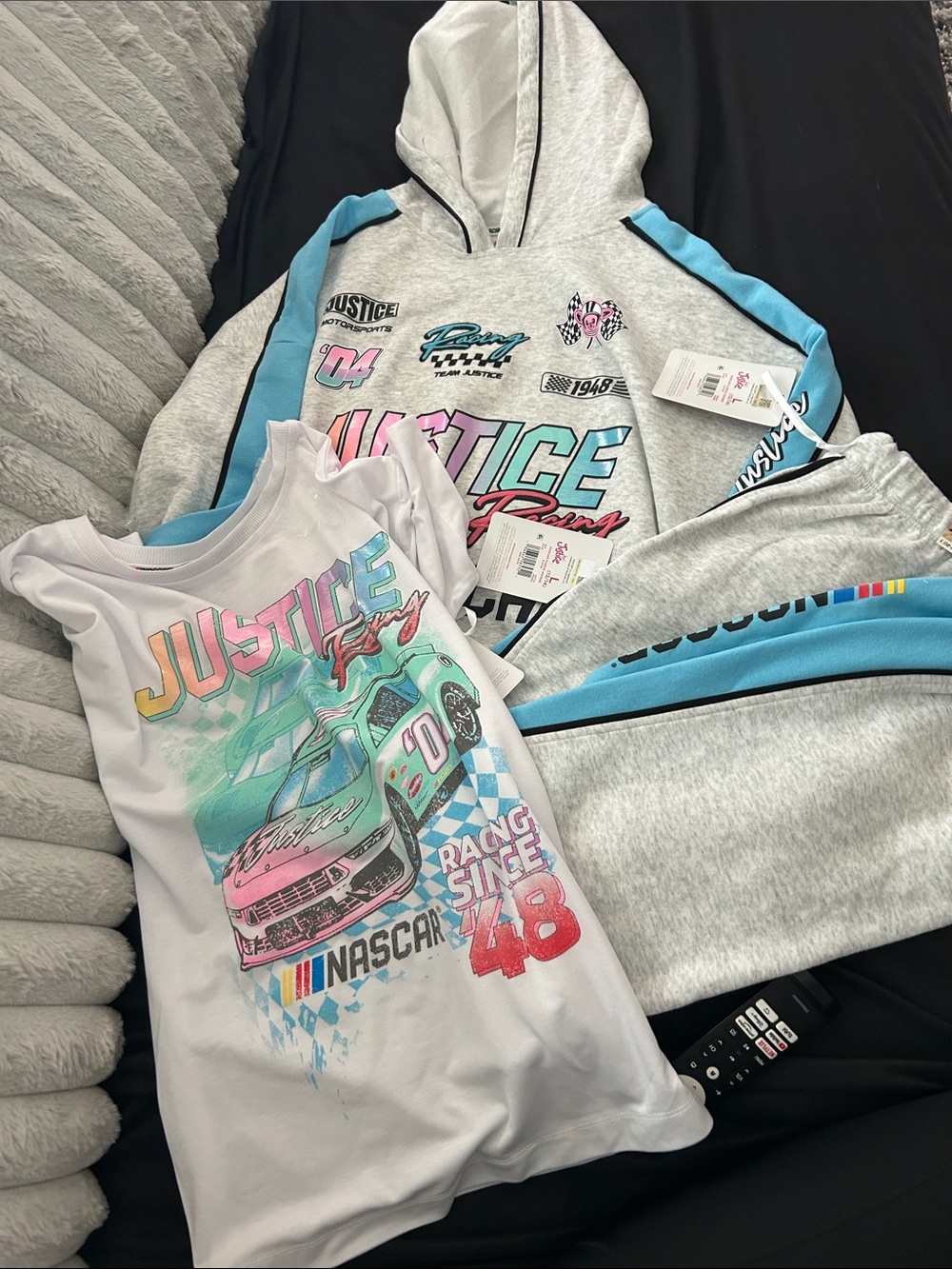 Justice Girls Gray & Blue Racing Hoodie sweats and Graphic Tee Set nascar racing
